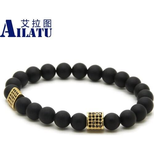 Ailatu Wholesale 10pcs Triangle Cubic Zirconia Bracelet 8mm Matte Onyx Stone Fashion Men Energy Yoga Jewelry