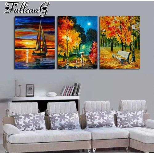 FULLCANG 5d diy diamond embroidery Abstract night landscape diamond painting triptych full square round drill home decor FC2757