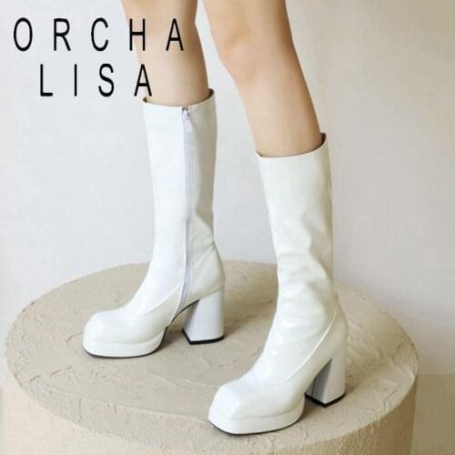 Autumn Winter Patent Leather Shoes For Women mid-calf Boots Sexy High Heels Black Platform Long Boots Botas Mujer big size48