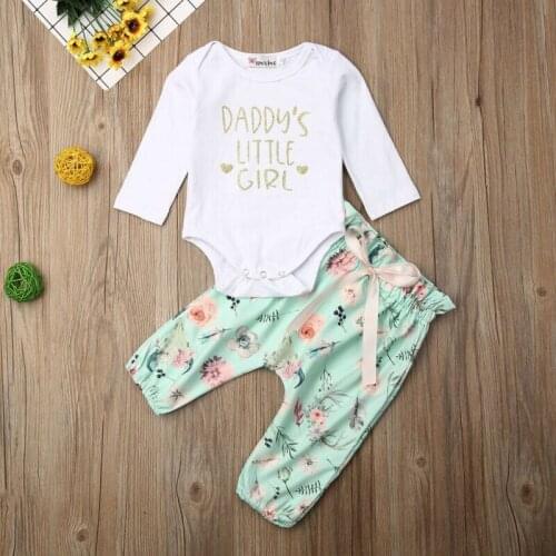 Newborn Clothing Set First DaddyS Little Girl Letter Bodysuits For Baby Girls Rompers Green Floral Print Pants Baby Girls Set