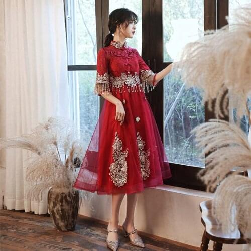 Red Bride Wedding Qipao Lace Chinese Traditional Cheongsam Qipao Embroidery Women Fashion Evening Dress Oriental Style Dresses