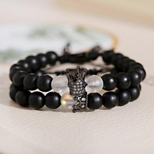Fashion Couple Distance Bracelets Charm Jewelry 2pcs/Set Black Beads Micro Pave CZ Crown Aduustable Bracelet