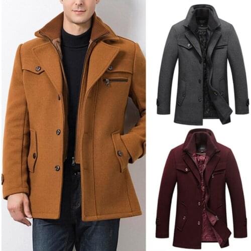 Mens Winter Warm Thicken Lapel Thicken Double Collar Woolen Long Overcoat Coat