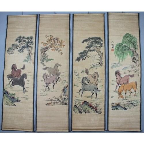 Collection Chinese Scroll Four Exquisite Screens The Zodiac Animal "horse" Painting Home Decoration Gift