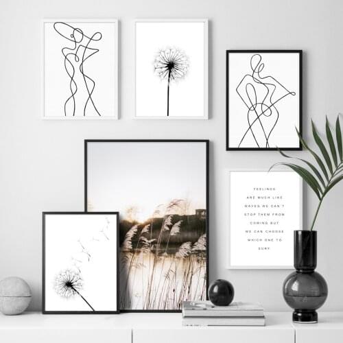 Wall Pictures for Living Room Decor Dandelion Reed Plant Abstract Line Quotes Wall Art Canvas Painting Nordic Posters and Prints