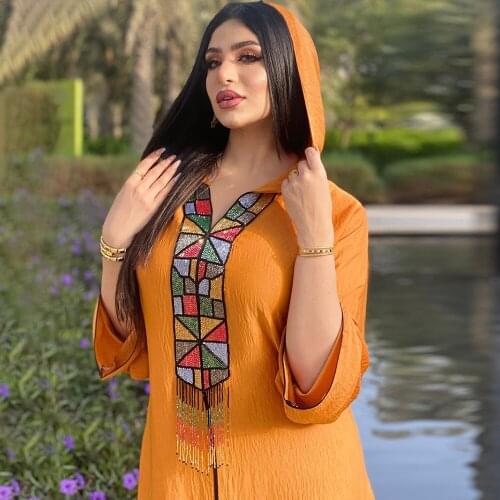 FridayIn Autumn New Fashion Muslim Womens Clothes Orange Gold-rimmed Hooded Ankle Dresses Middle Eastern Arab Robe Abaya Dubai