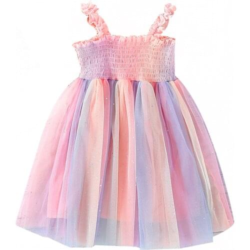2021 2-8Y Cute Kids Baby Girls Dress Ruffle Straps Pleated Rainbow Striped Tulle Princess Dress Summer Sundress For Party