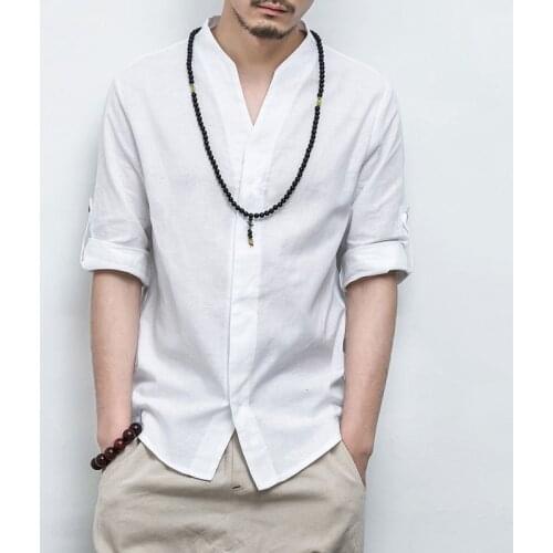 MrGB Chinese Style Summer Loose Cotton Linen Shirt Men Three Quarter Sleeve Shirts Male Vintage Casual Fashion Tops Solid Color
