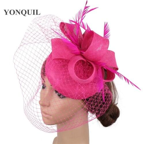 Hot Pink Feathers Wedding Hats Fascinators Church Bridal Hat With Birdcage Net Face Veil Party Cocktail Chapeau For Women Lady