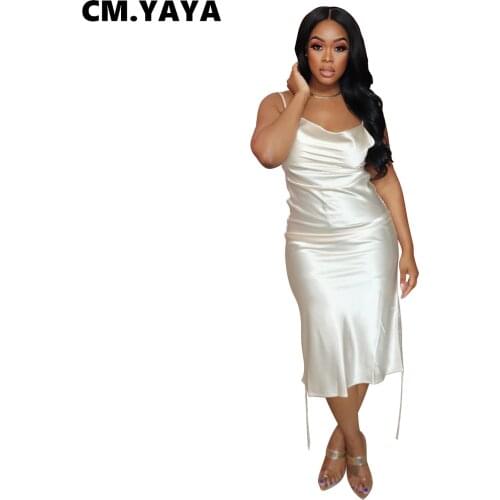 CM.YAYA Women Midi Dress Solid Strap Side Draw String Stretchy Dresses Sexy Vintage Party Vestidos Summer Fashion Outfits 2021