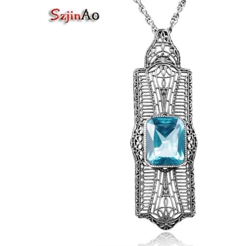Szjinao New Arrival Aquamarine Women Maxi Statement 925 Sterling Silver Necklaces& Pendants Vintage Turkish Jewelry Necklace