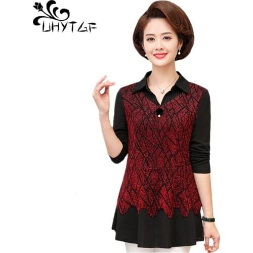 UHYTGF Female T-shirt fashion flower color elegant spring autumn tshirts for women long-sleeved pullover loose plus size top 873