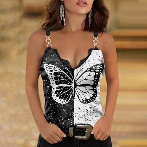 Women Summer V-neck Butterfly Print Tshirt Sleeveless Lace T-shirt Sexy Backless Cami Tank Top Ropa Mujer Verano 2021 #P3
