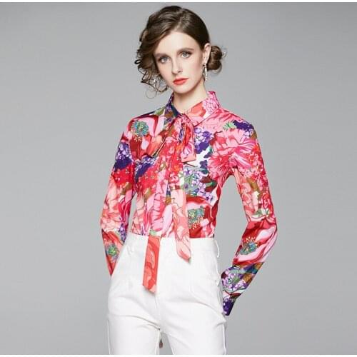2021 Summer Vintage Flowers Print Runway Blouses Women Long Sleeve Bow Collar Single-Breasted Vacation Shirts Tops