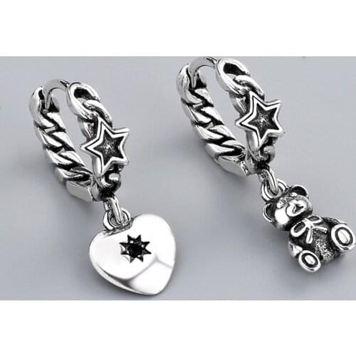 Retro Vintage Bear Love Asymmetric Silver Color Black Cubic Zirconia Hoop Earring For Women Girls Korean Animal Jewelry SD2384