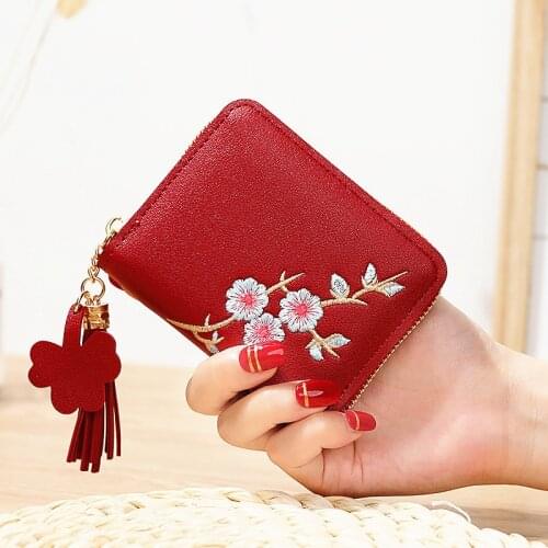 Plum Embroidered Women Short Zipper Wallet Fashion Ladies Small Clutch Casual Card Holder Solid Color PU Leather Female Purse