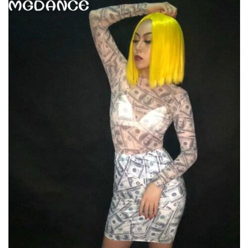 Women costume uniform Mesh Transparent Bodysuit Spandex Short dress Dollars Pattern 3D Printed Nightclub Party Costumes