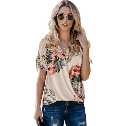 Casual Summer Womens Flower Printed Loose Pleated Pullover Tops Office Lady Fashion V-Neck Solid Short Sleeve T-Shirts Oversized