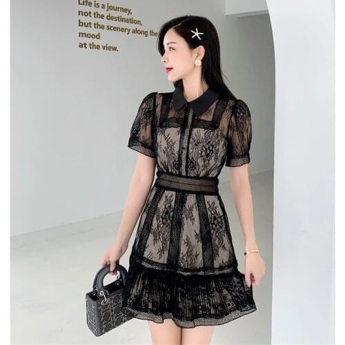 Self-Portrait Lace Dress Women Vintage Short Sleeve Turn Down Collar Hollow Out Black Mini Dress Beach Mermaid Party Dress A681