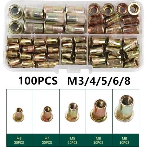 100PCS Carbon Steel Rivet Nuts M3 M4 M5 M6 M8 Flat Head Rivet Nuts Set Insert Rivets Assortment Set