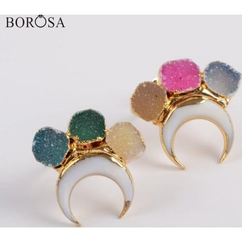 BOROSA 5Pcs New Gold Electroplated Horn Rings White Shell & Three Rainbow Agates Druzy Ring Bohemian Handmade Shell Rings G1838