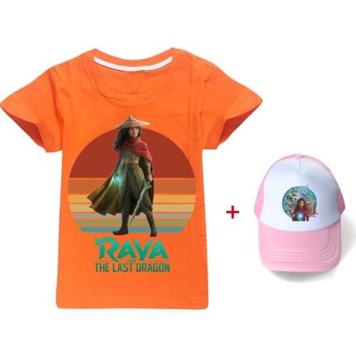 Raya and The Last Dragon Kids Clothes Girls Cotton T-shirt Boys Tops + Cap Fashion Summer Cartoon Short Sleeve Children Outfits
