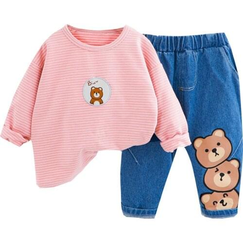 2021 Kids Tracksuit For Baby Girls Sets Toddler Clothes Suit Striped T-shirt top + jeans 2PCS Spring Autumn Children Clothing