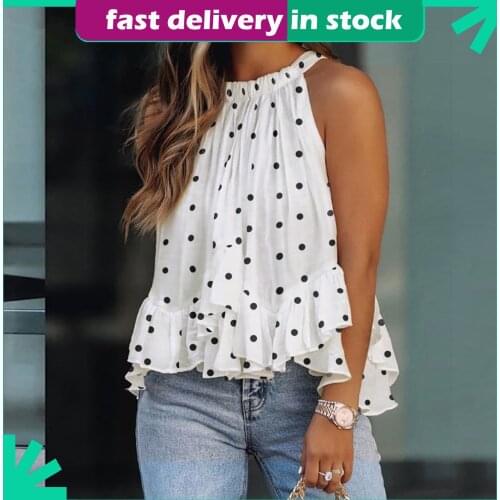 Womens Blouse Polka Dot Print Summertime O-neck Vest Layered Ruffles Sleeveless Top Halter Elegant Irregular Shirts blusas