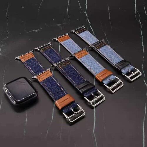 Leather Strap For Apple Watch band 6 44mm 42mm 40mm 38mm Smart watchband Denim Canvas bracelet iWatch band for Series SE 5 4 3 2