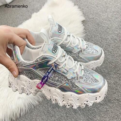 Spring Womens Chunky Sneakers Fashion Women Platform Shoes Bling Sequined Lace-up Vulcanize Shoes Female Trainers Dad Shoes