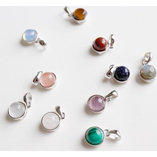 7MM (NO CHAIN )1PC 100% Authentic 925 Sterling silver Malachite Natural Agate Opal Amethyst Stone Round pendant TLX1018