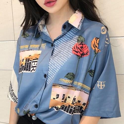 Summer Girls Retro Sweet Blouse Rose Print Short Sleeve Blouses Polo Shirts Women Floral Chiffon Blouse Loose Top