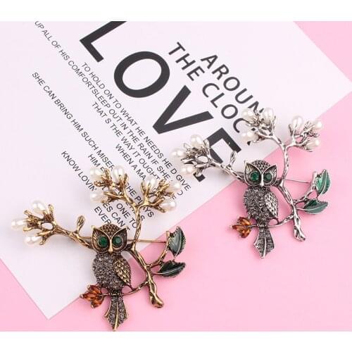LUBOV Anti Gold Silver Color Owl in Branches Design Brooches Pins Rhinestone Inlaid Animal Brooch Pin Women Scarf Accessories