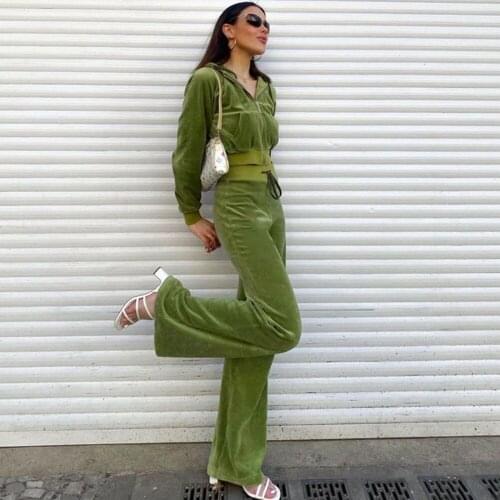 Solid Cotton Two Piece Set Women Loose Casual Cuffs Hooded Zipper Long Sleeve Top And Bandage Waist Sporty Female Pants Sets