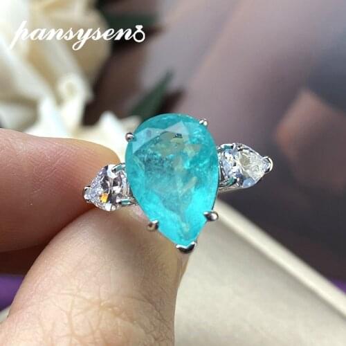 PANSYSEN 100% 925 Sterling Silver Pear Cut Paraiba Tourmaline Diamond Gemstone Ring Anniversary Party Fine Jewelry Wholesale