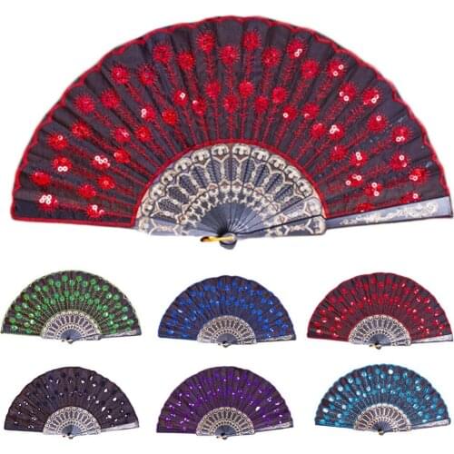 Peacock Sequined Square Women Girl Dancing Fan Elegant Peacock Print Chinese Style Cloth Folding Hand Fans