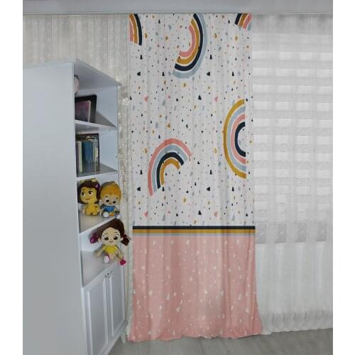 Pembe çocuk odası perdesi gökkuşaklı,parçacıklı çocuk perdesi