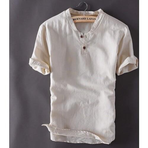 Plus Size M-5XL Mens Pullover Linen Shirts Short Sleeve Summer Mens Quality Casual Shirts Slim fit Solid Cotton Shirts TS-150A