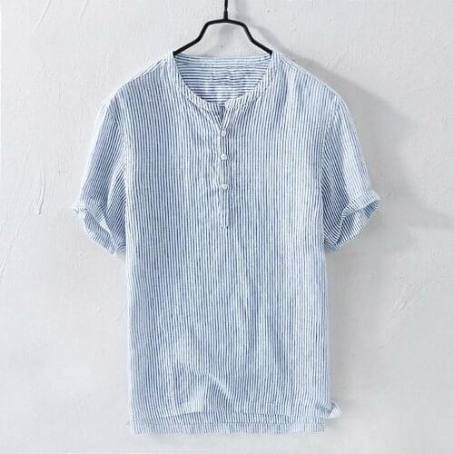 Summer Shirts Mens Cool Thin Breathable Stripe Button Cotton Shirt Short Sleeve Clothing Hemden Herren Chemise Homme Tops Blouse