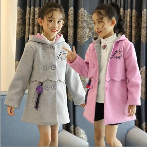 Girls Woolen Jacket Fall Winter New Korean Childrens Long Fashion Hooded Woollen Coat For Kids Casual Outerwear Clothes B279
