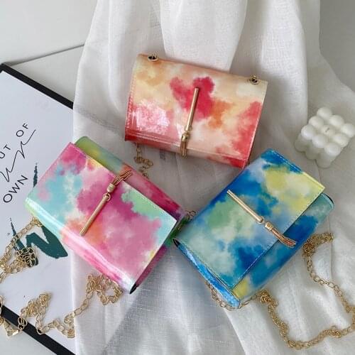 Womens Bag Women PU Leather Tie Dye Tassel Shoulder Crossbody Bag Casual Ladies Contrast Color Chain Mini Flap Purse Handbags