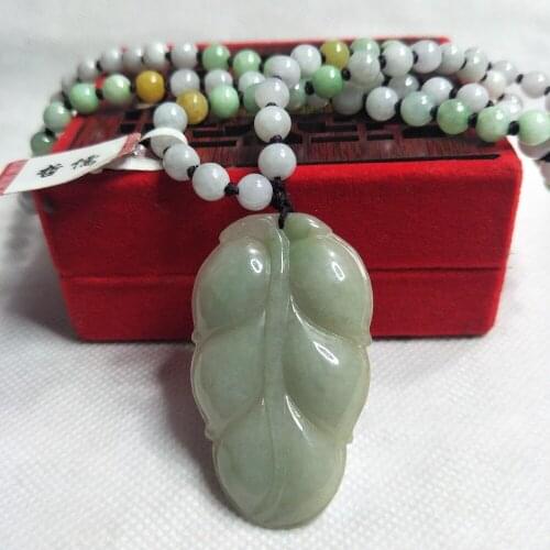 Zheru Jewelry Pure Natural Jadeite Dark Green Leaf Pendant Tricolor Jade Bead Necklace Send A-level National Inspection Certific