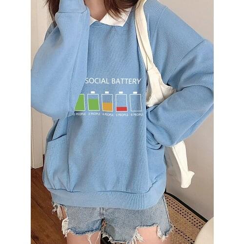 MY SOCIAL BATTERY Graphic Printing Turn-down Collar Women Hoodie Korean Pullover Hoodies Loose Long Sleeve Streetwear Sweatshirt