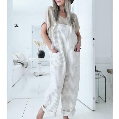Womens latest black and white striped cotton and linen series casual and comfortable one-piece suspender trousers