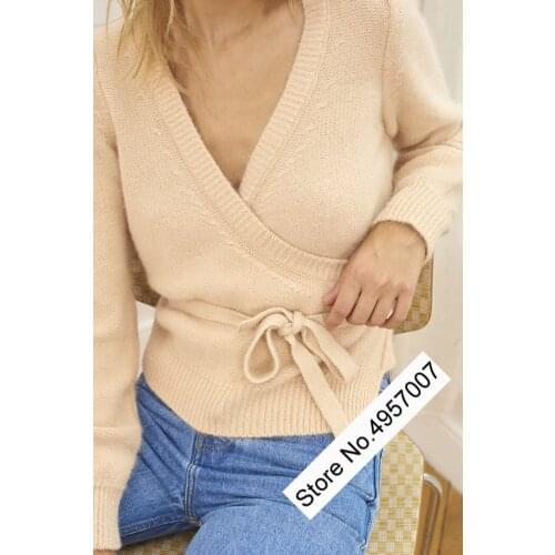 Ladies Wrap V Neck Knitting Wool Blend Sweater Top With Knitted Belt Women Casual Fall/Winter Jumper