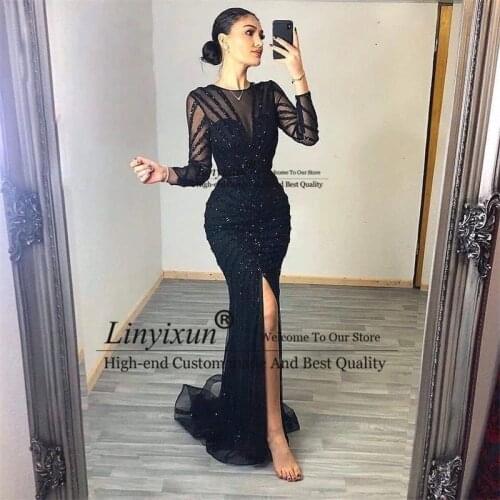 Vintage Black Side Split Mermaid Long Formal Evening Dresses O Neck Long Sleeve Beading Sequined Sweep Train Prom Party Dress