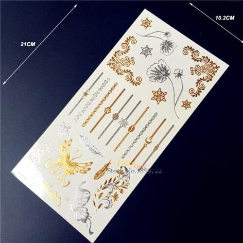 1PC Exquisite Body Art Gold Silver Metallic Tattoo Women Henna MT021 Flower Butterfly Jewel Waterproof Temporary Tattoo Stickers