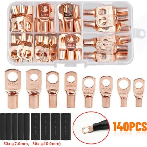 140PCS Car Copper Wire Ring Terminal Lug Closed End Crimp Connectors SC Battery Welding Bare Connectors Kit Auto Parts