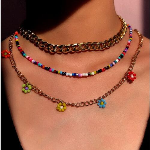 3 Pcs/Set Colorful Flower Pendant Beaded Necklace For Women Metal Chunky Choker Collar Acrylic Seed Bead Strand Bohemian Jewelry