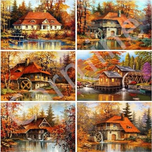 DIY 5D Embroidery Diamond Painting Landscape Autumn House Cross Stitch Rhinestones Art Full Round&Square Drill Home Decoration